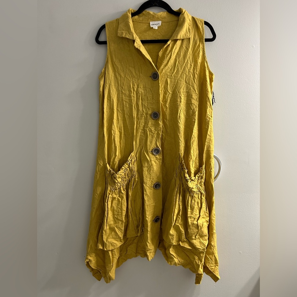 NWOT For Cynthia Linen Blend Dress Tunic Button Up Pockets Lagenlook Mustard